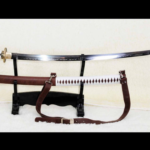 adjustable leather shoulder sling on Michonne katana