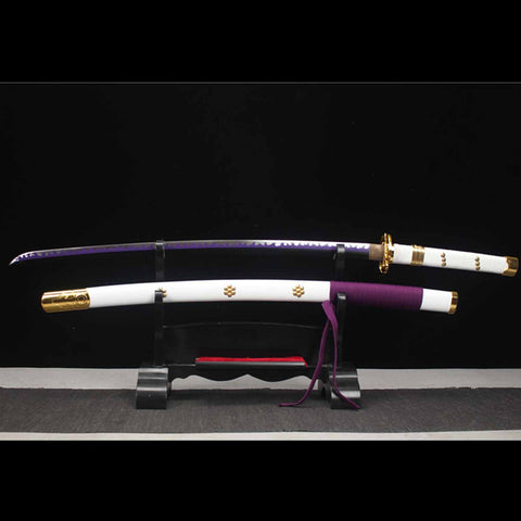 Unsheathed Ame no Habakiri katana showing full tang 1045 carbon steel blade