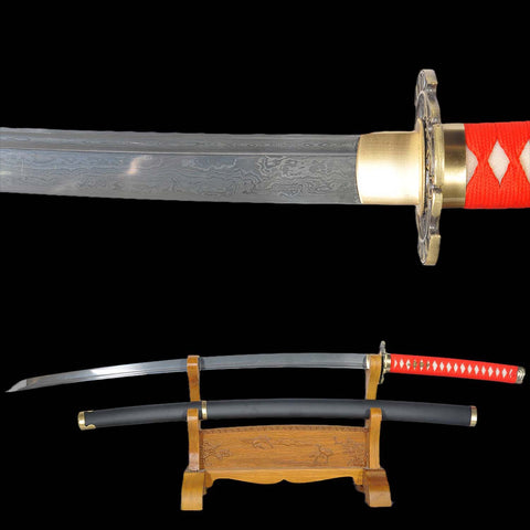 Close up of clay tempered hamon on Ryu Hayabusa Dragon Sword folded steel katana blade