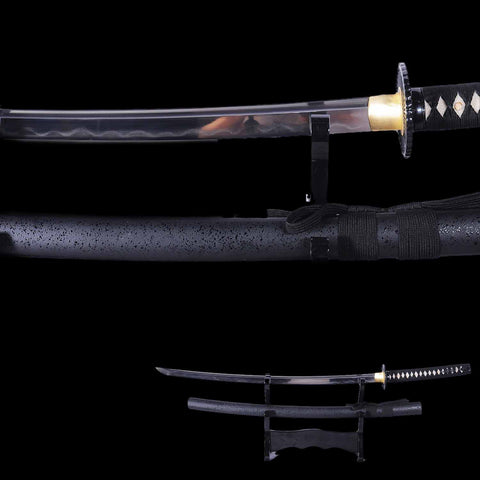 Clay tempered hamon detail on hand forged Japanese katana sword