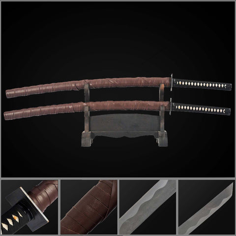 Deadpool double katana sword set featuring hand forged folded steel blades and leather saya