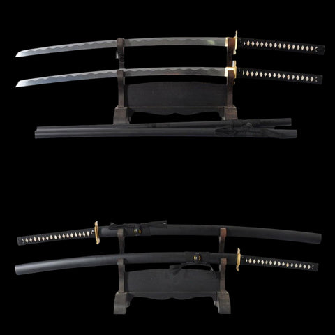 Complete Deadpool double swords replica set featuring folded steel twin blades, brass tsuba, hardwood scabbards, and back harness