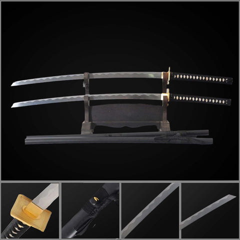 Hand forged Deadpool double swords replica with folded steel blades and brass tsuba