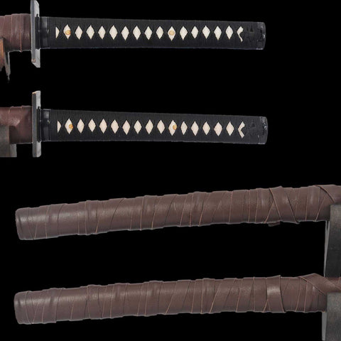 Deadpool katana handle featuring genuine white rayskin panels and black ito wrap