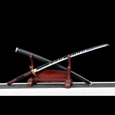 Full view of Tanjiro Kamado black Nichirin sword 3rd generation replica from Demon Slayer