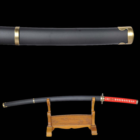 Matte black lacquered saya with yellow sageo and ashi hanging ring on Ryu Hayabusa katana