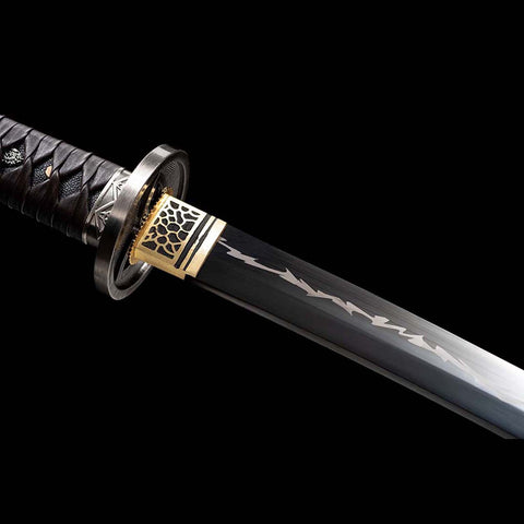 Handmade Hattori Hanzo Katana Sword – High Manganese Steel Japanese Samurai Sword with Black Thunder Pattern Blade & Battle-Ready Scabbard