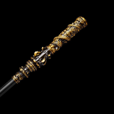 Black rope wrapped grip detail on Sun Wukong Jingu Bang staff replica