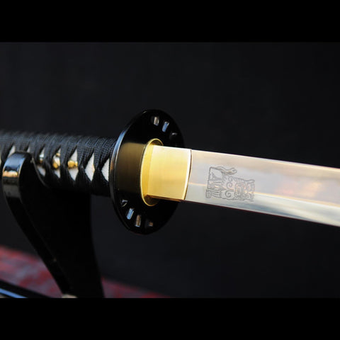 Side view of iron tsuba on Kill Bill katana sword showing thickness