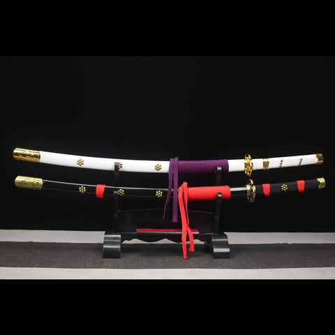 Full length view of One Piece Ame no Habakiri katana sword with hardwood saya