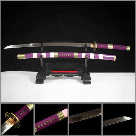 Front view of Handmade One Piece Nidai Kitetsu Katana Sword, showing full T10 steel blade and authentic anime design