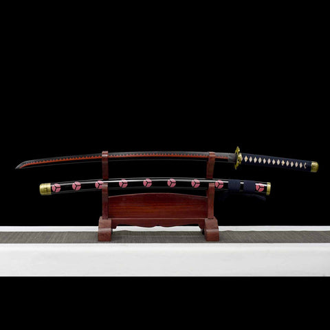 Complete view of battle ready Shusui katana black blade inspired by Roronoa Zoro