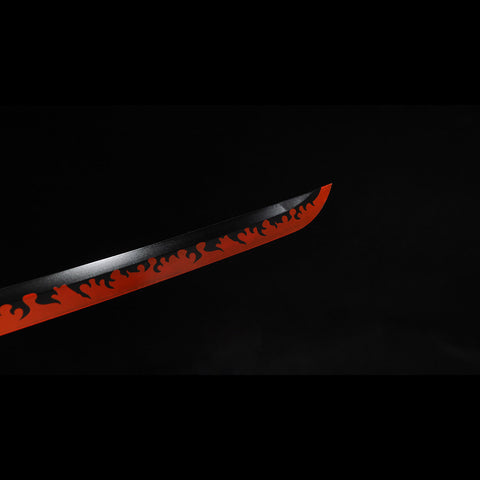 Close-up detail of the blade tip of Rengoku Kyojuro Nichirin Katana anime sword