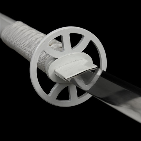 close up detail of iron tsuba on Sode No Shirayuki katana