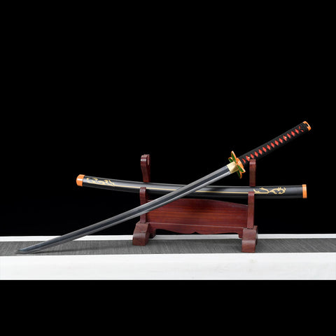 Shinobu Kocho Nichirin Sword shown together with hardwood saya scabbard