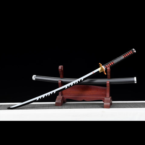 Side profile of Demon Slayer Tanjiro black Nichirin katana with flame tsuba