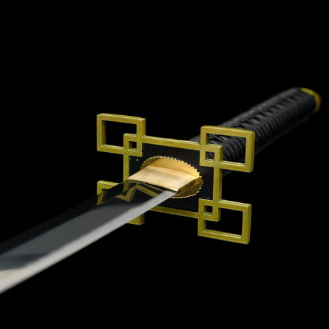 Close-up of blade and Tsuba junction on Tanjiro Kamado Nichirin Katana Demon Slayer sword
