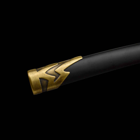 Close-up of brass kojiri end cap on hand-forged Vergil Yamato Katana