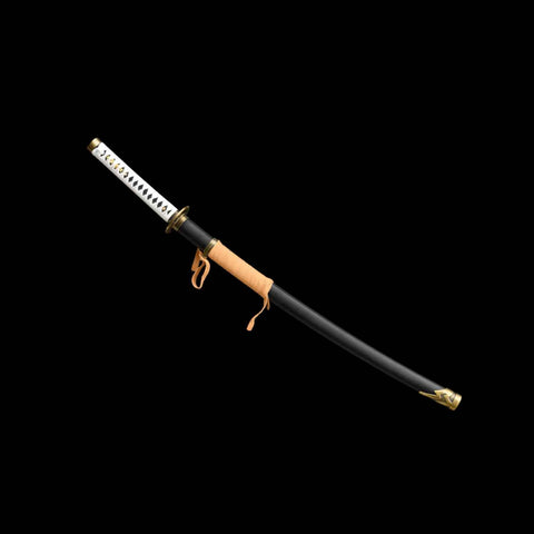 Hardwood saya with yellow synthetic silk sageo on Vergil Yamato Katana