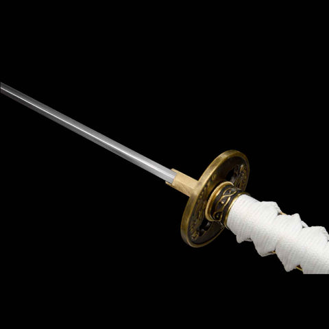 Close-up of the tsuba (guard) and handle connection on Vergil Yamato Katana, emphasizing craftsmanship and stability