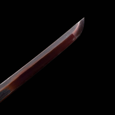 Sharp edge detail of quenched violet spring steel katana blade
