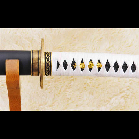 Close-up of white synthetic silk ito on Yamato Katana handle