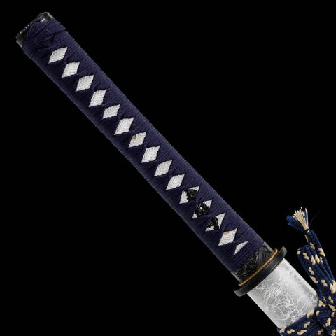 katana handle blue ito wrap with white rayskin samegawa non slip grip