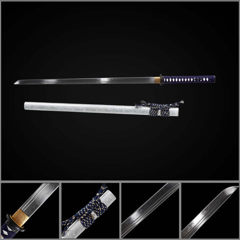 full length straight blade samurai sword 1045 high carbon steel blue handle white rayskin